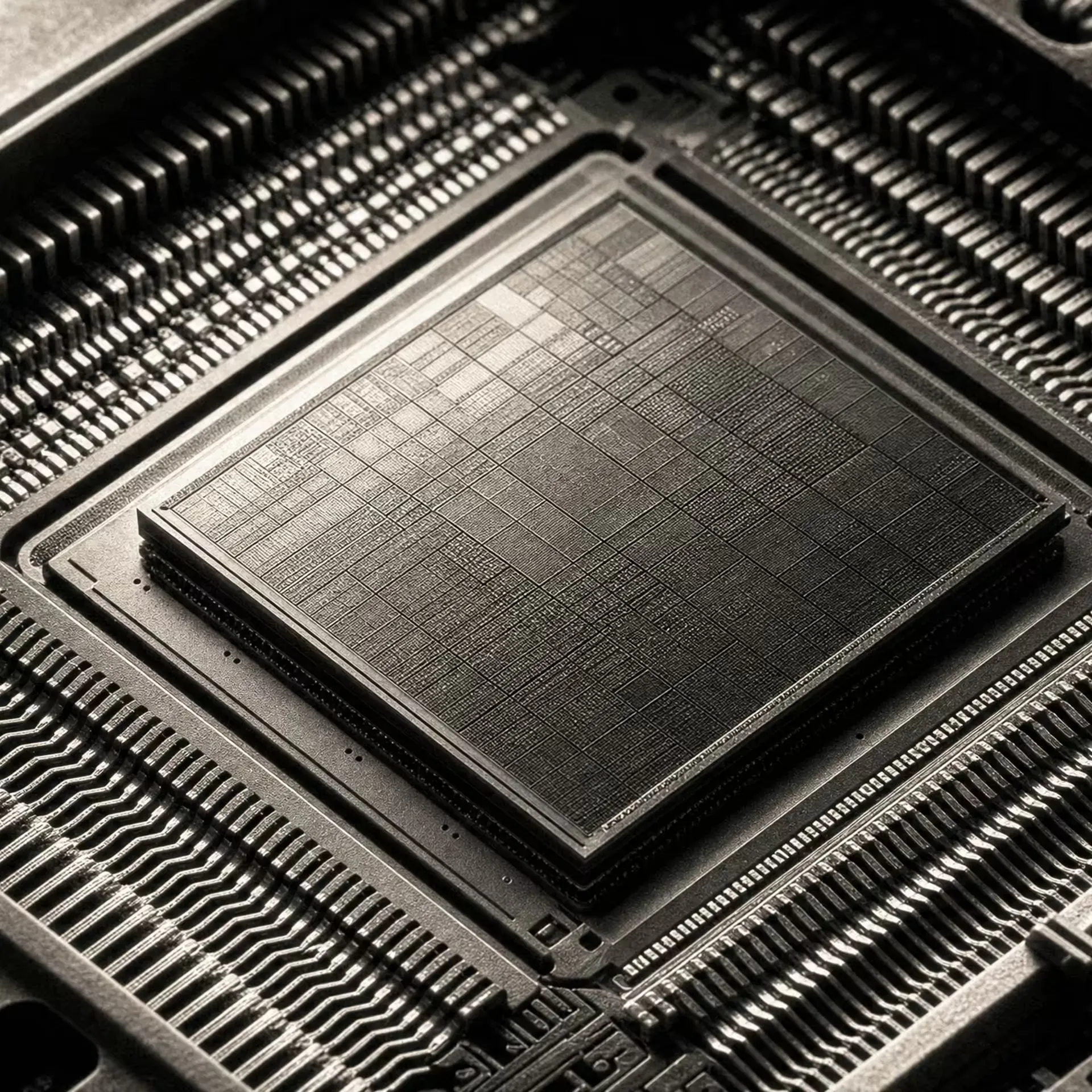 A large AI processor die at the center of its circuit package, rows of fine contact pins around it, lit from one side in black and white.