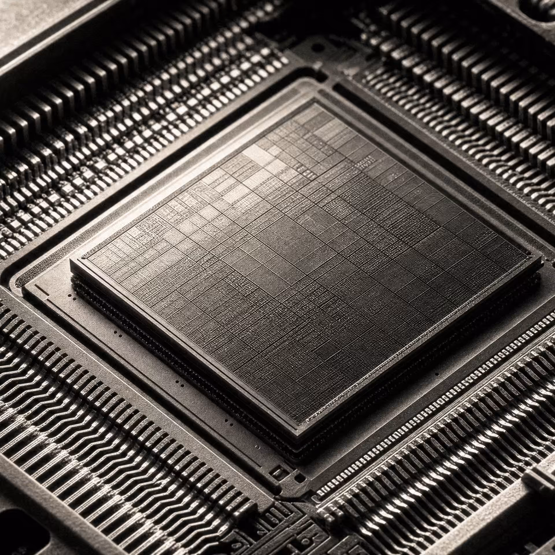 A large AI processor die at the center of its circuit package, rows of fine contact pins around it, lit from one side in black and white.