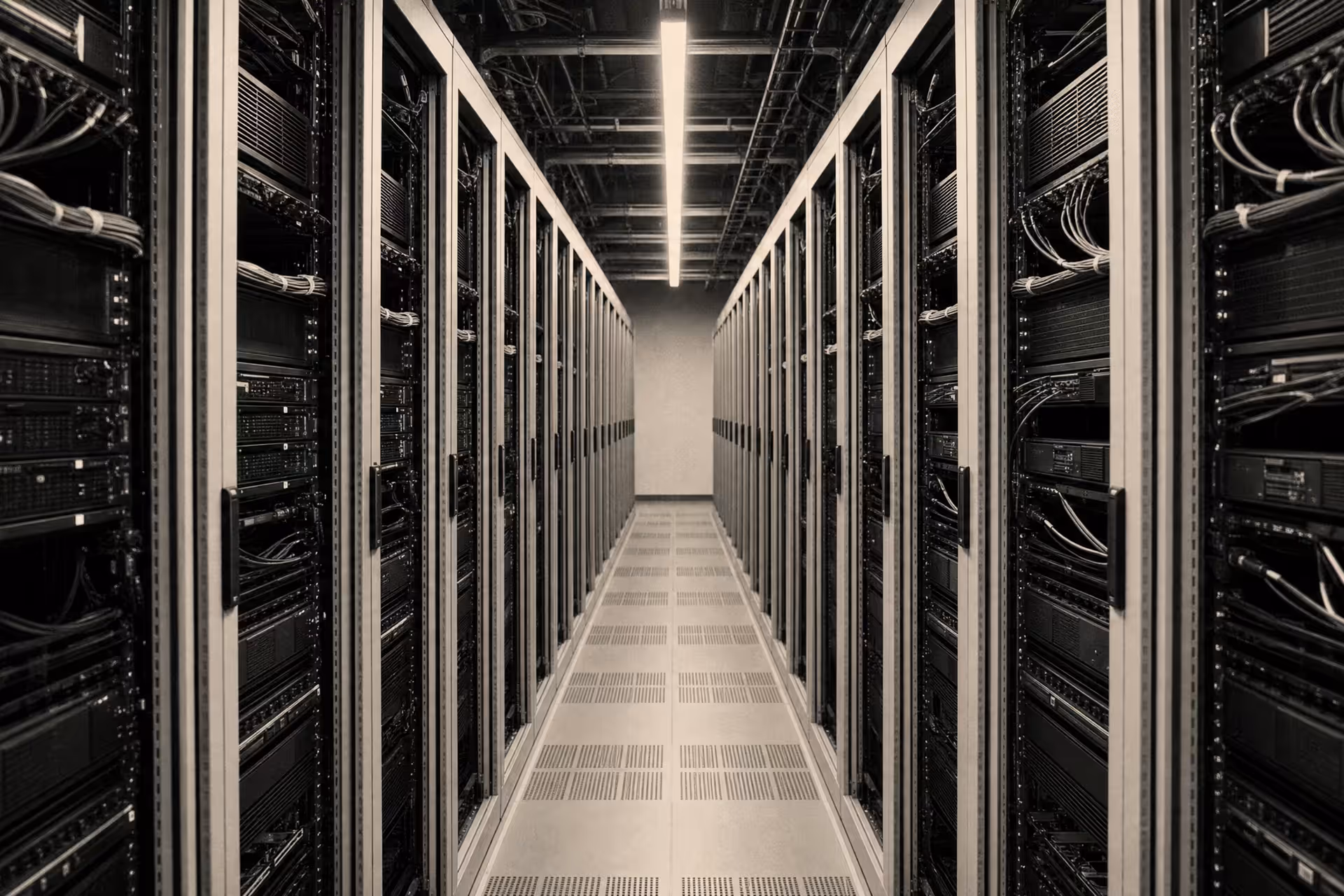 A row of server cabinets in a darkened data hall under single-source side light, black and white.