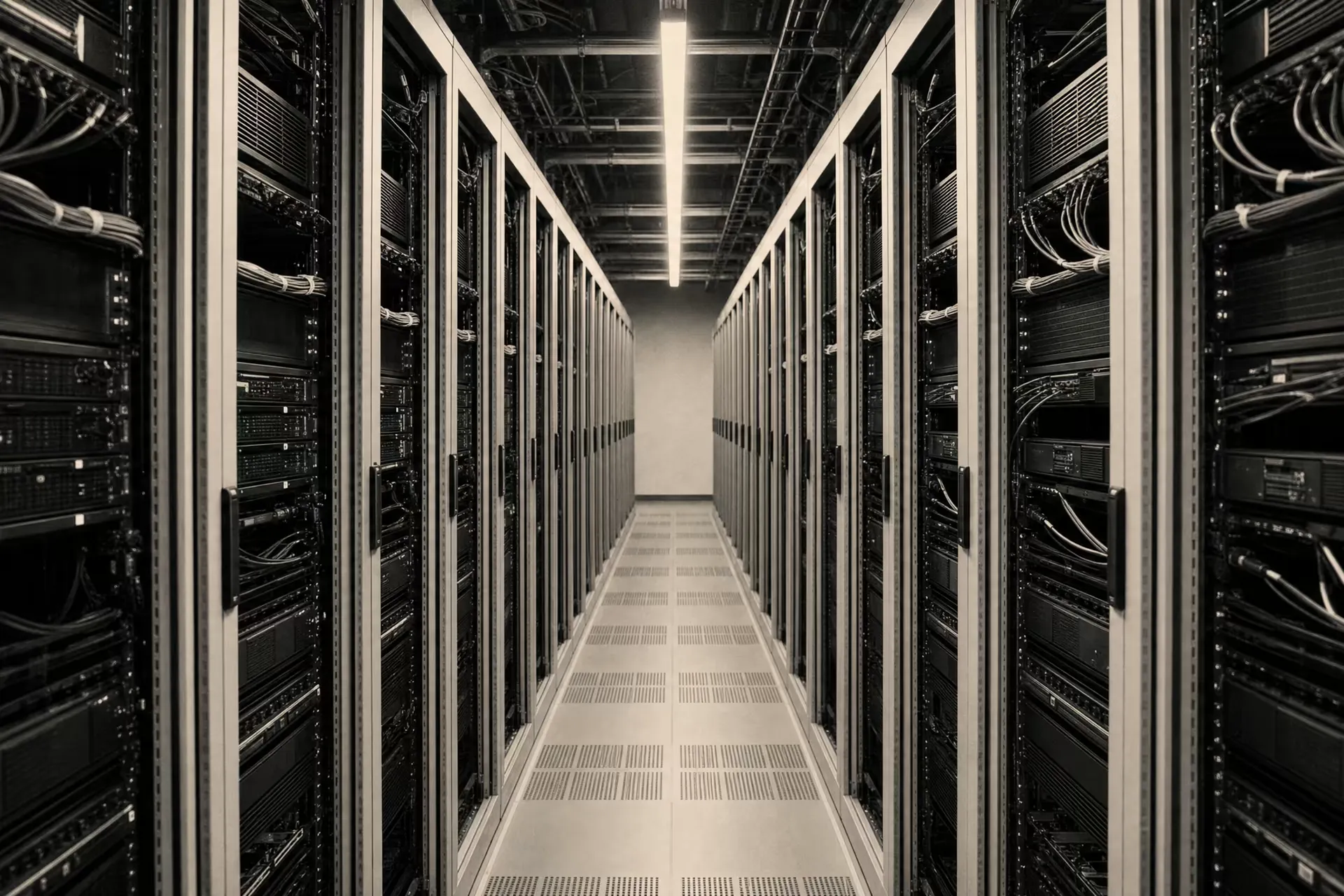 A data-center aisle, two facing rows of server cabinets receding down the corridor, warm-tone monochrome.