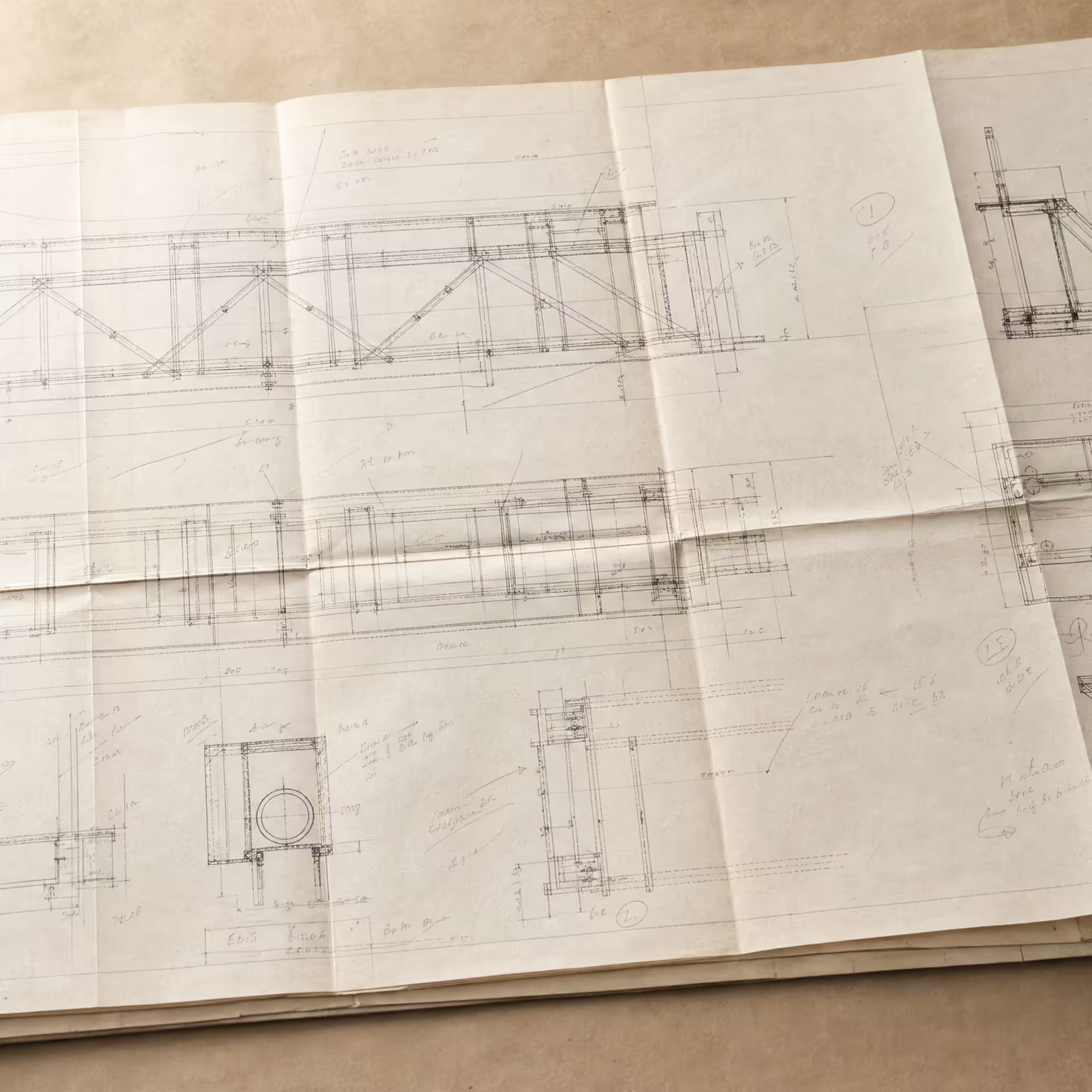 A folded architectural blueprint and a draughtsman's set square resting on a drawing board, lit from one side in black and white, fine grid lines receding across the sheet.