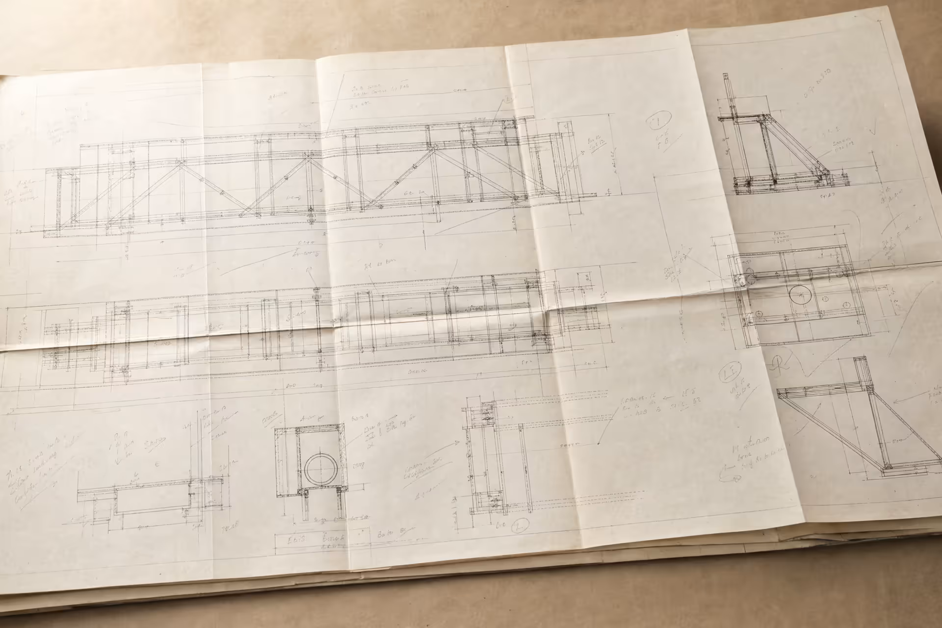 A folded engineering blueprint, fine drafting lines and dimension callouts crossing the creased paper in warm-tone monochrome.