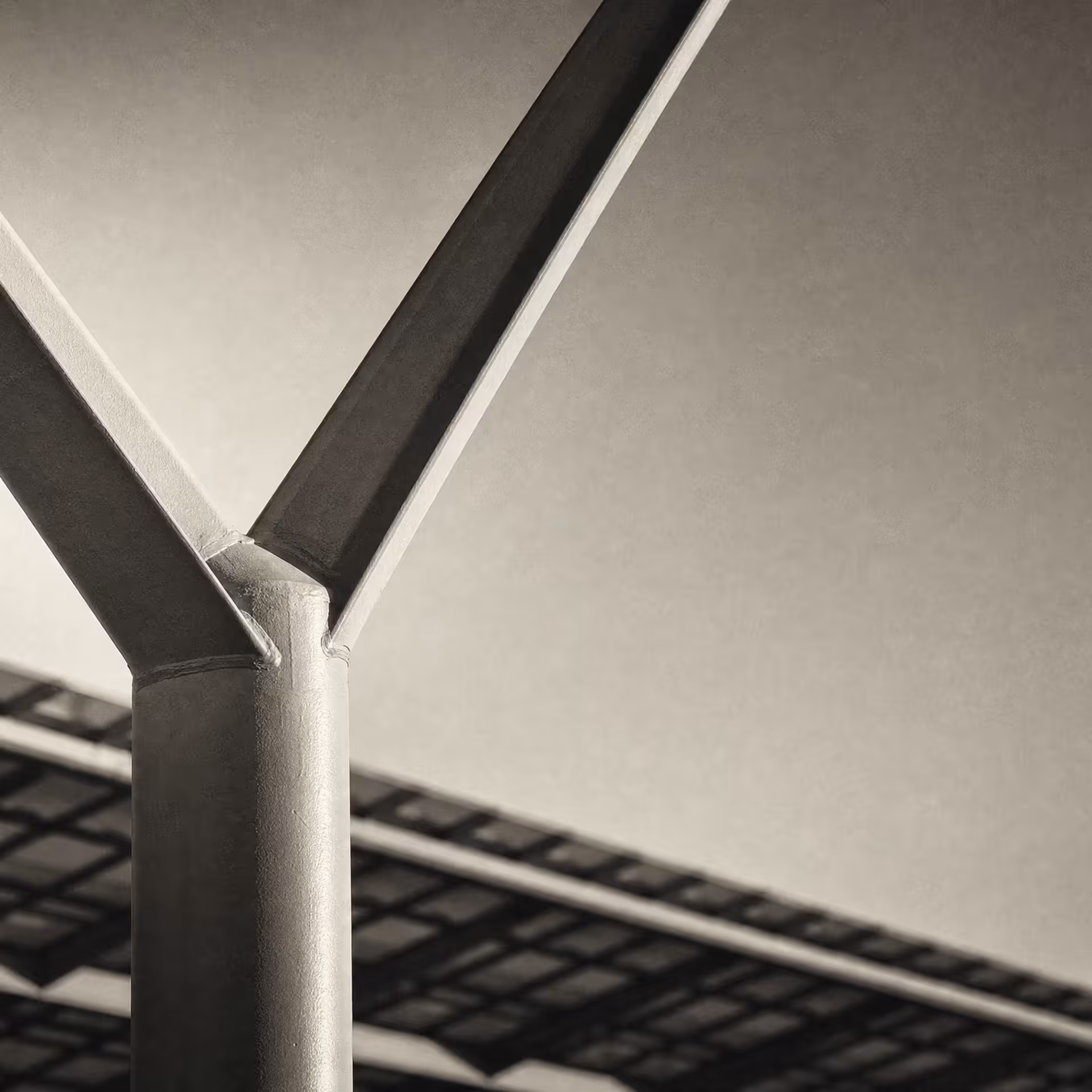A single steel column rising and forking into two diverging branches that carry a roof lattice, in warm-tone monochrome under grazing side light, the join where one path becomes two held at the centre of the frame.