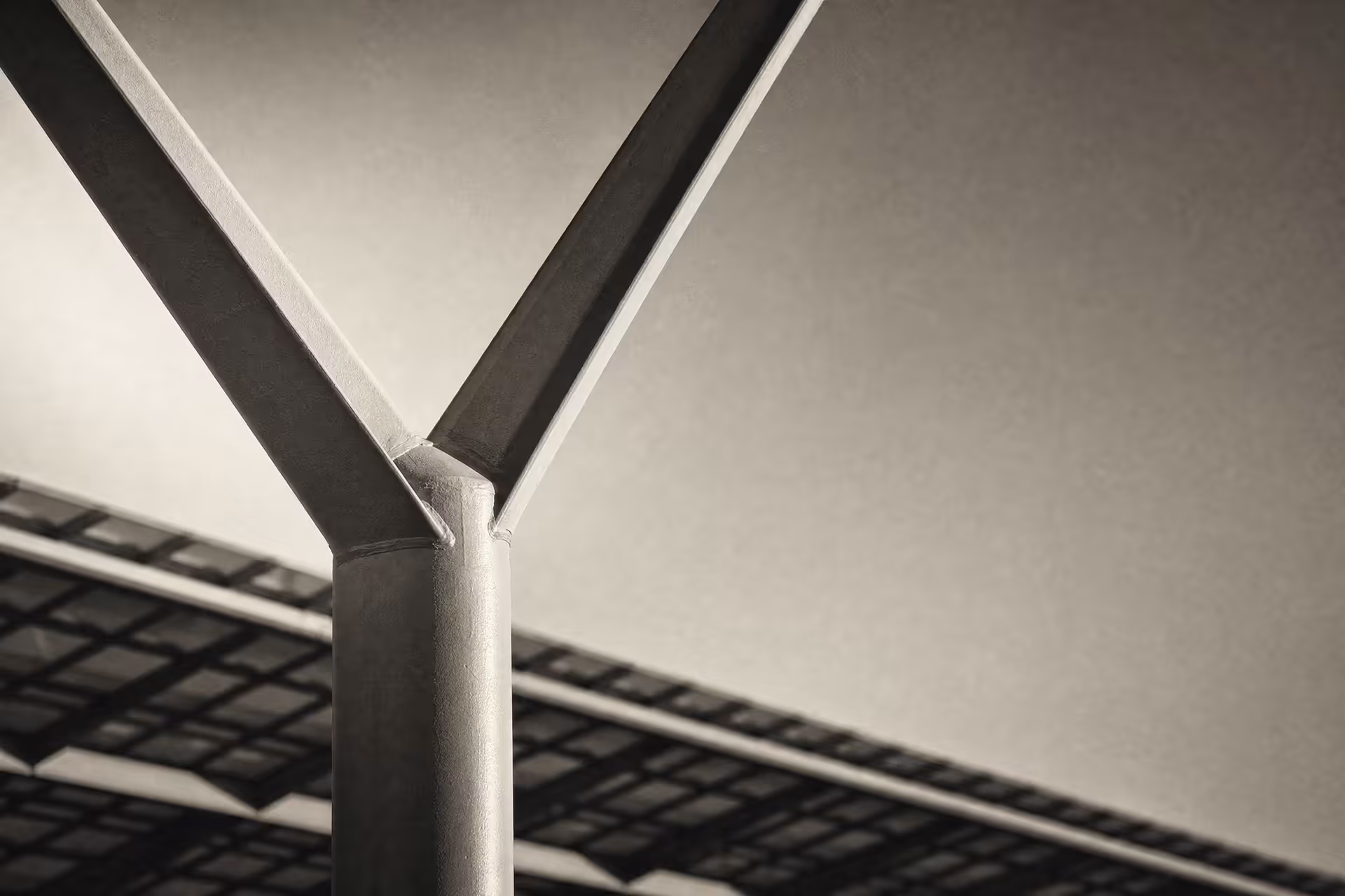 A single steel column rising and forking into two diverging branches that carry a roof lattice, in warm-tone monochrome under grazing side light, the join where one path becomes two held at the centre of the frame.
