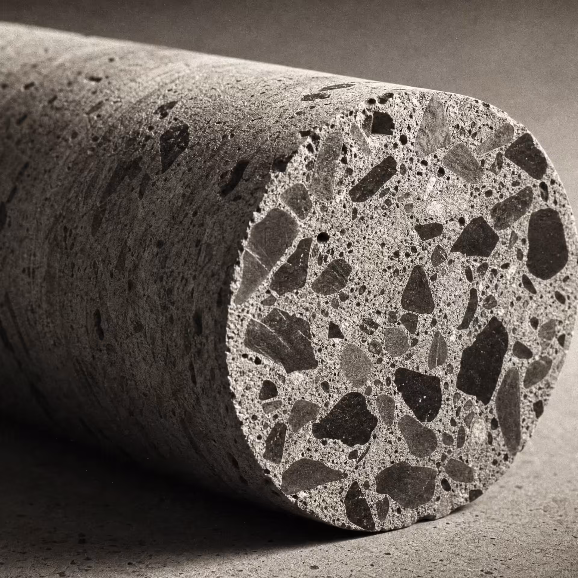A drilled cylindrical concrete core sample resting on a concrete surface in warm-tone monochrome, its cut cross-section revealing embedded aggregate stone under a low raking light, the cylinder receding into shadow.