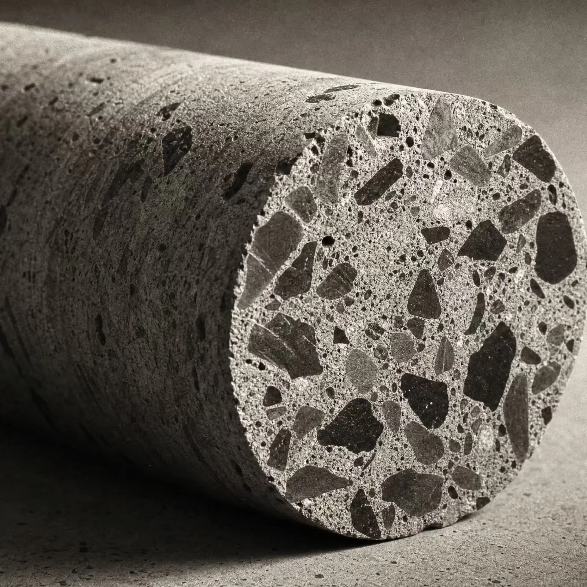 A drilled cylindrical concrete core sample resting on a concrete surface in warm-tone monochrome, its cut cross-section revealing embedded aggregate stone under a low raking light, the cylinder receding into shadow.