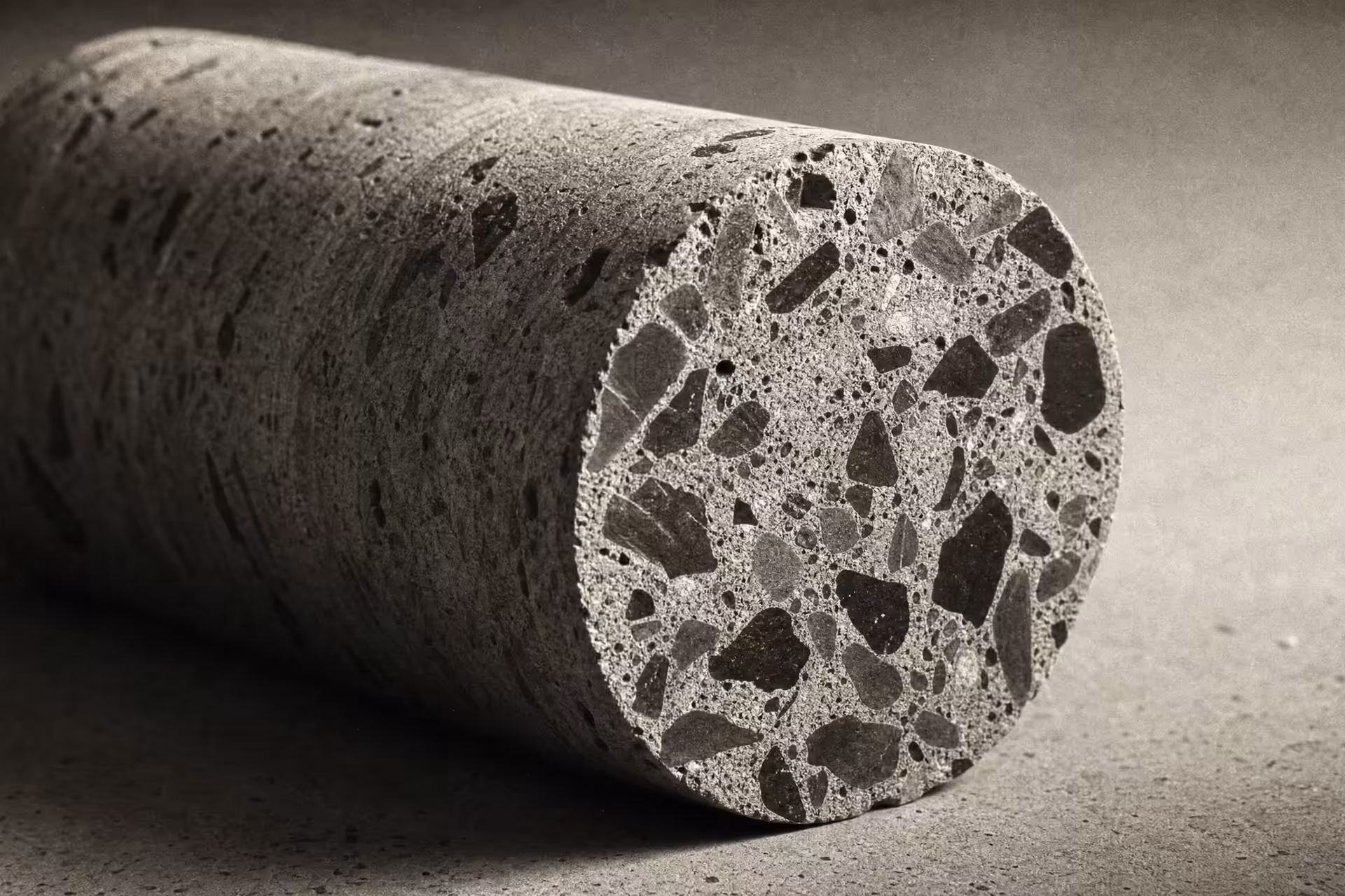 A drilled cylindrical concrete core sample resting on a concrete surface in warm-tone monochrome, its cut cross-section revealing embedded aggregate stone under a low raking light, the cylinder receding into shadow.
