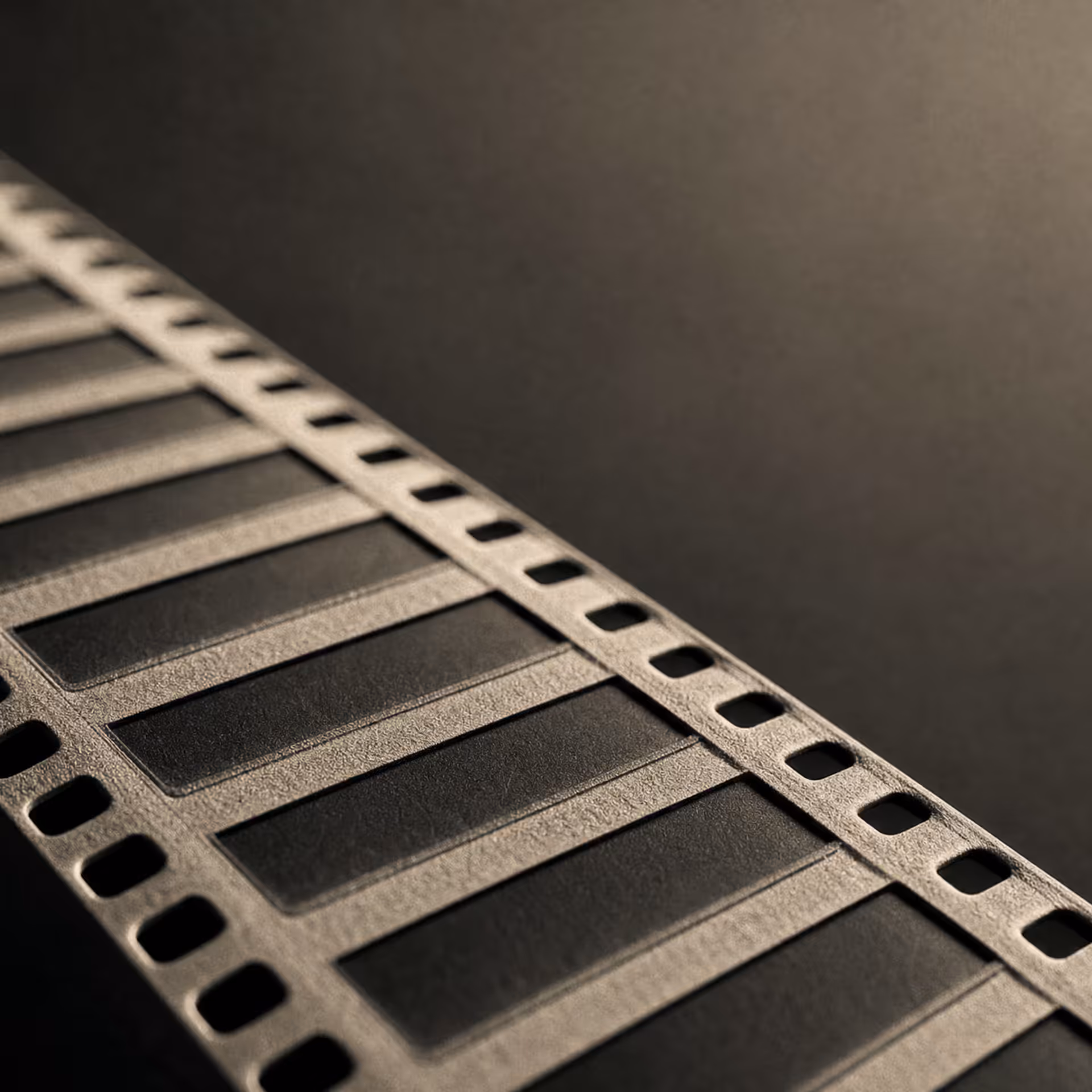 A strip of motion-picture film in warm-tone monochrome, the identical frames and edge perforations receding in parallel ranks under grazing light.