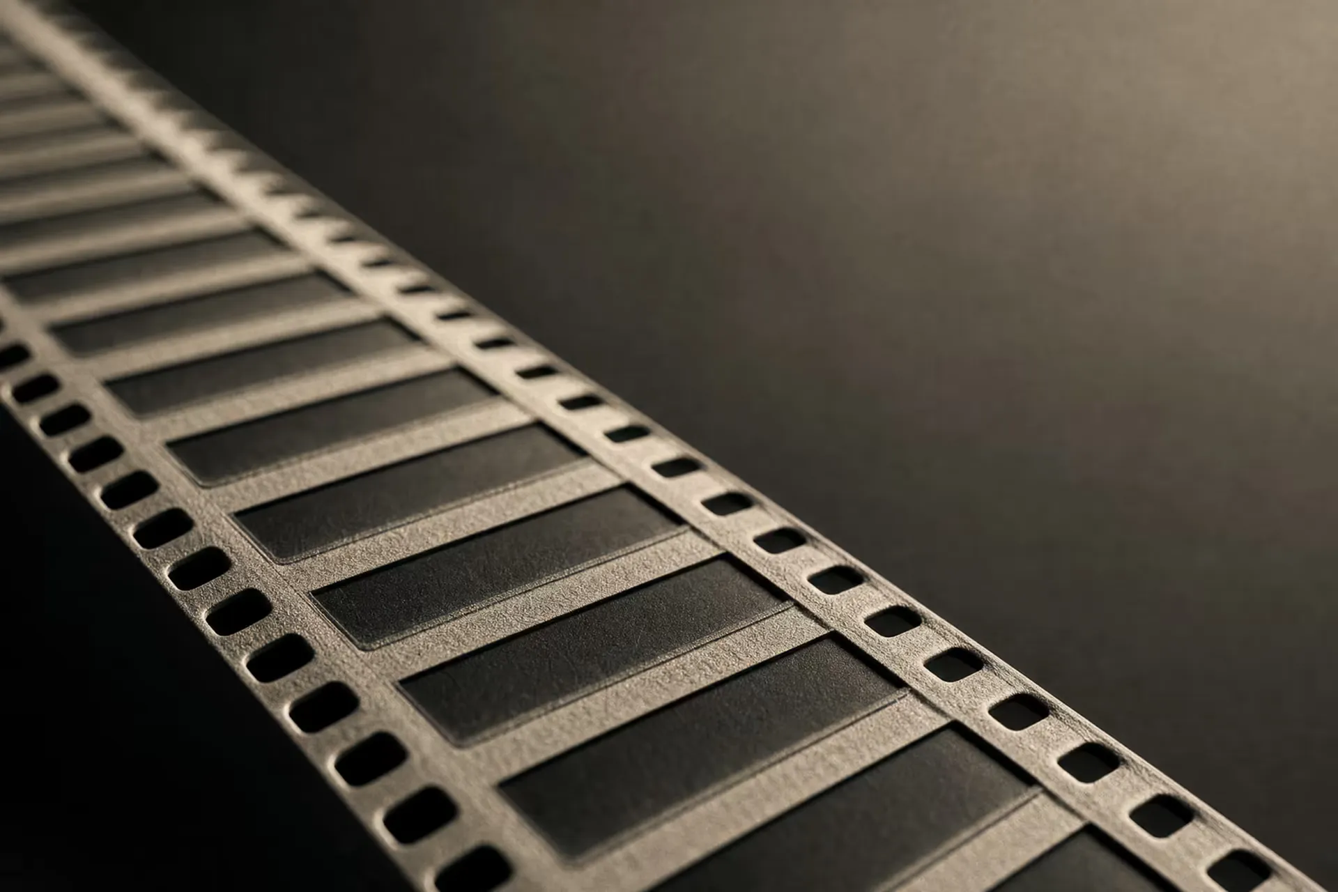 A strip of motion-picture film in warm-tone monochrome, the identical frames and edge perforations receding in parallel ranks under grazing light.