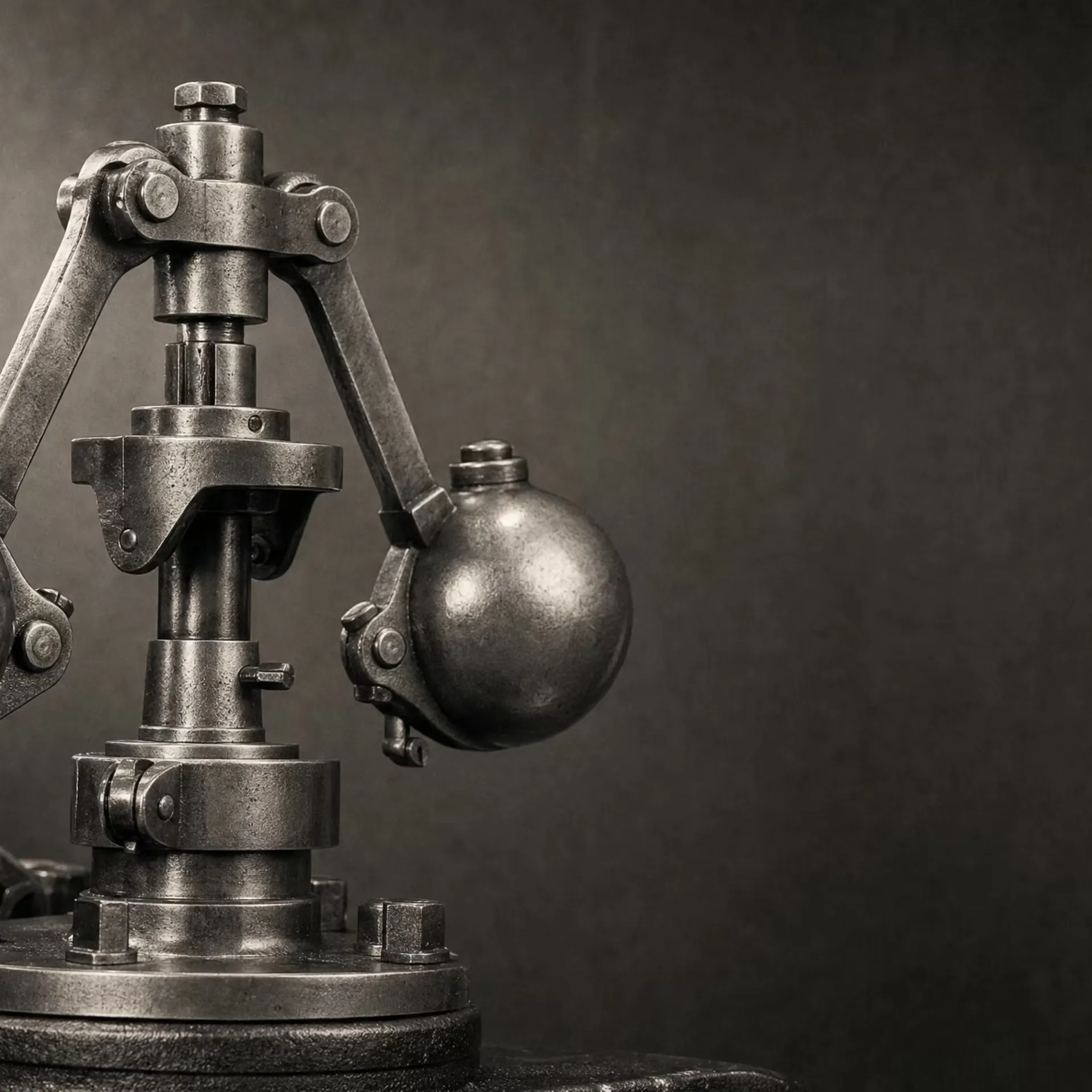 A centrifugal governor's machined steel flyweights on pivoting arms around a vertical spindle, lit hard from one side in black and white.