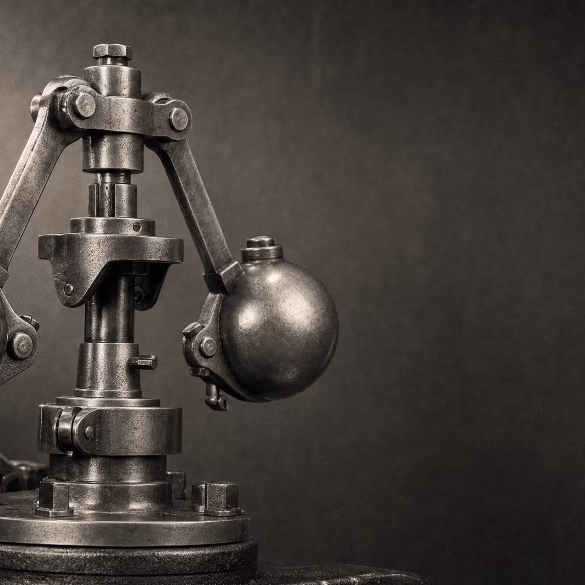 A centrifugal governor's machined steel flyweights on pivoting arms around a vertical spindle, lit hard from one side in black and white.