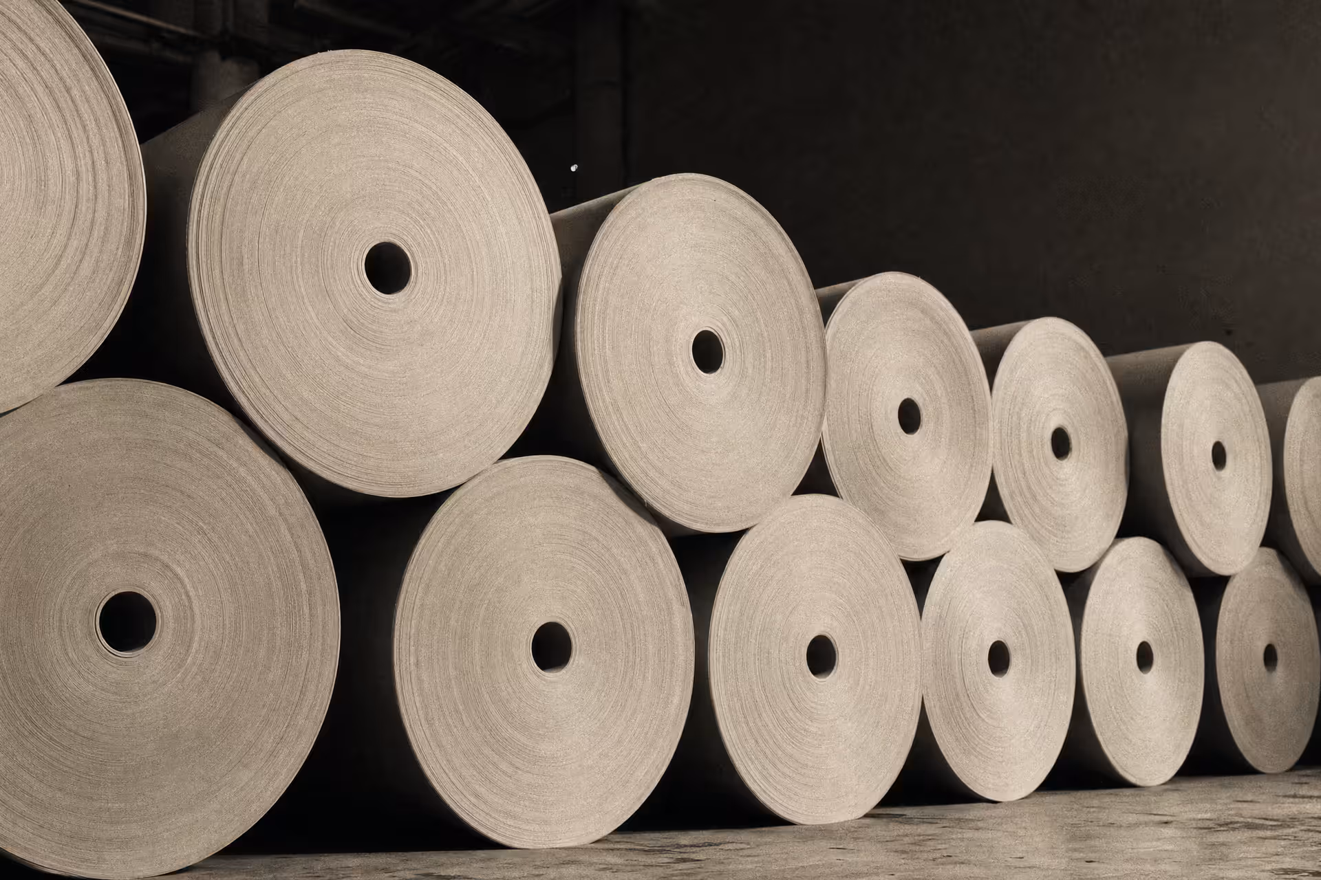 Towering rolls of newsprint stacked in a press hall, receding in parallel ranks under even overhead light, black and white.