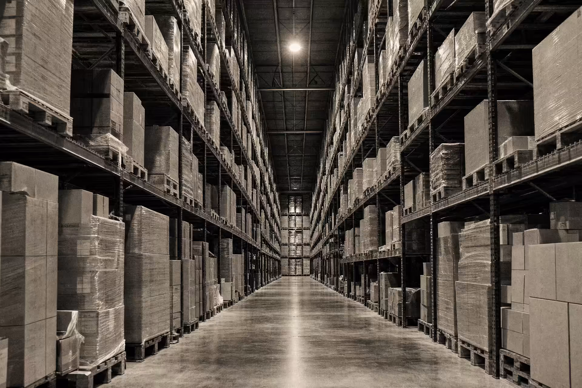 A stocked logistics warehouse, tall pallet racking receding down a long aisle, warm-tone monochrome.