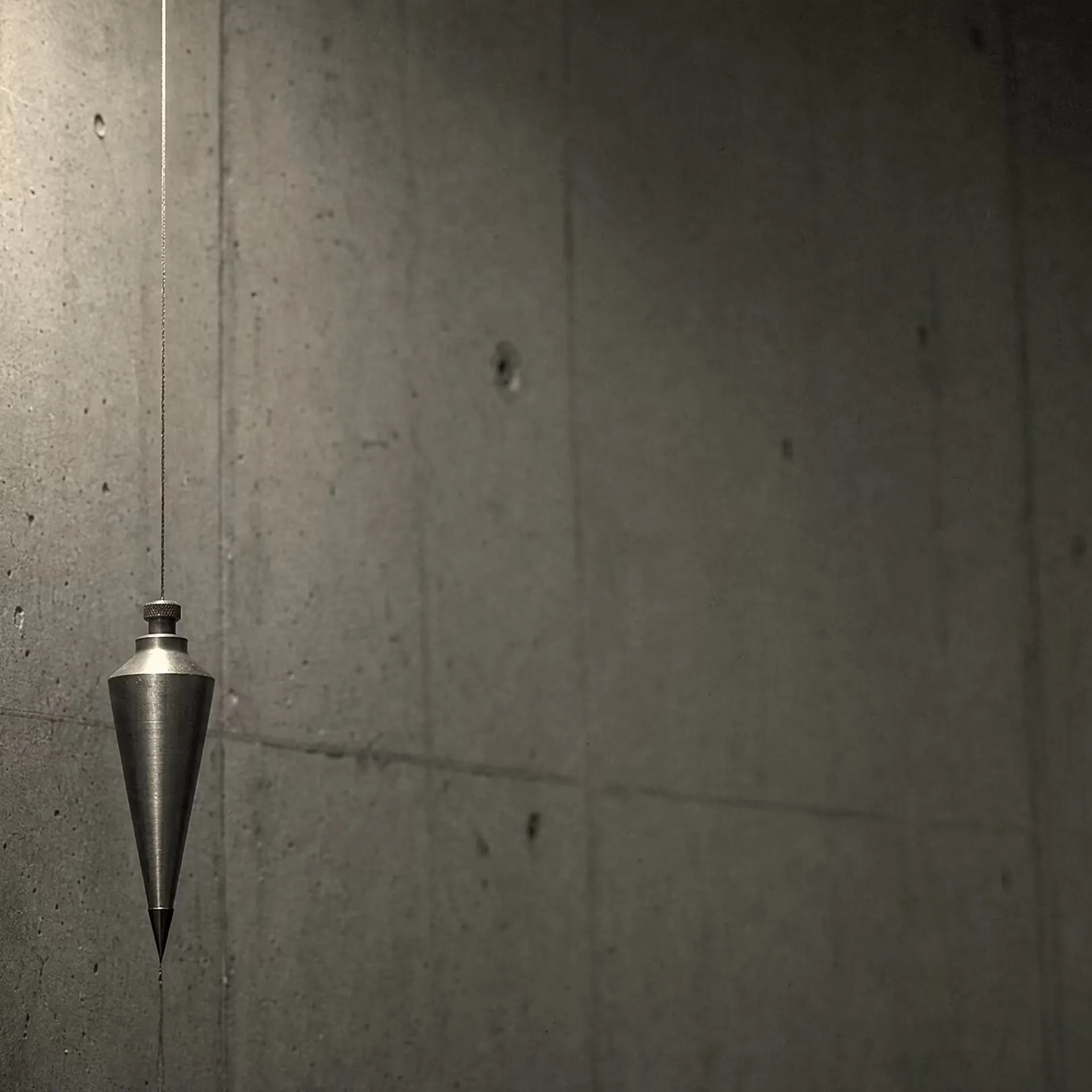 A machined plumb bob hanging on a taut line against a plain concrete wall in warm-tone monochrome, the tip marking true vertical under grazing light.