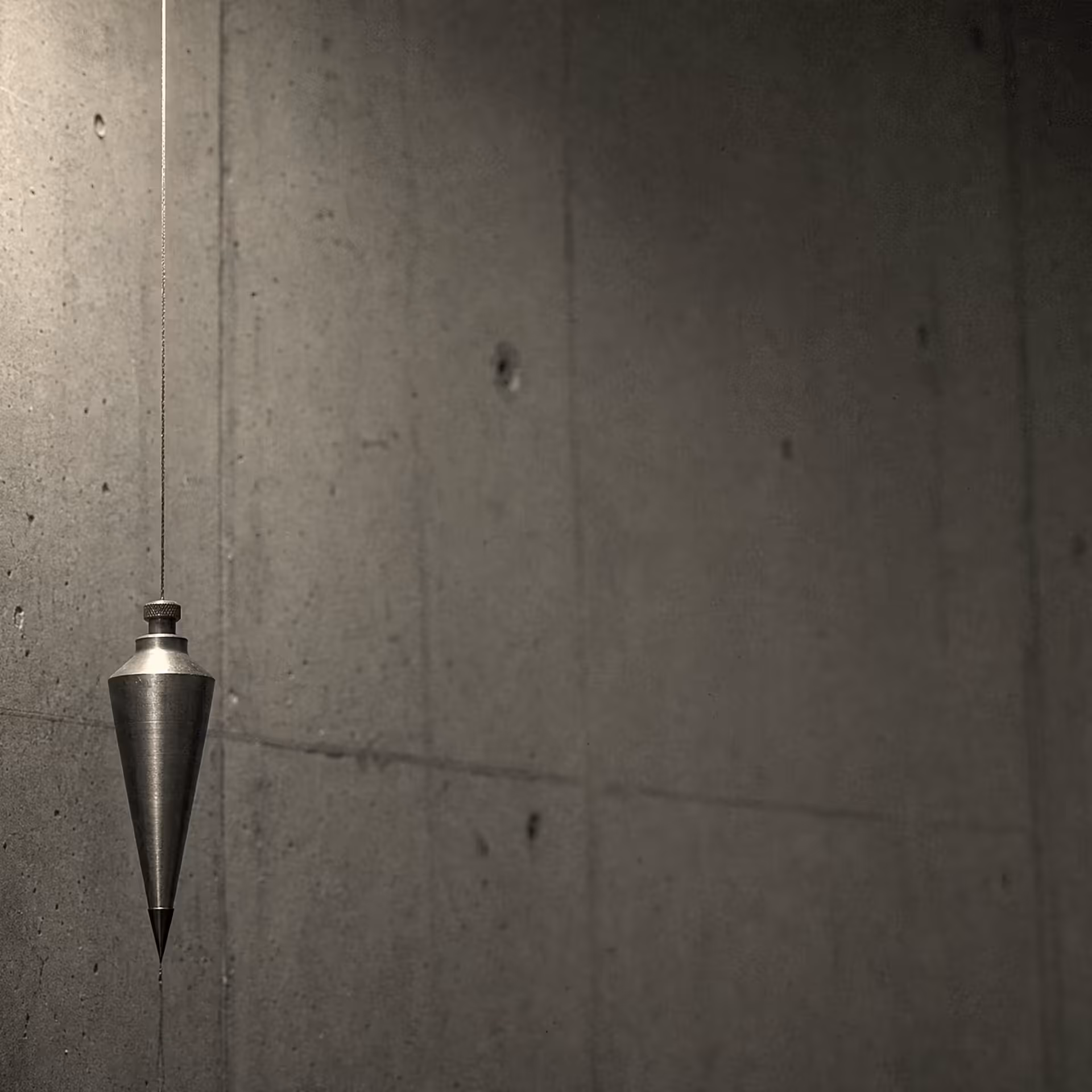 A machined plumb bob hanging on a taut line against a plain concrete wall in warm-tone monochrome, the tip marking true vertical under grazing light.