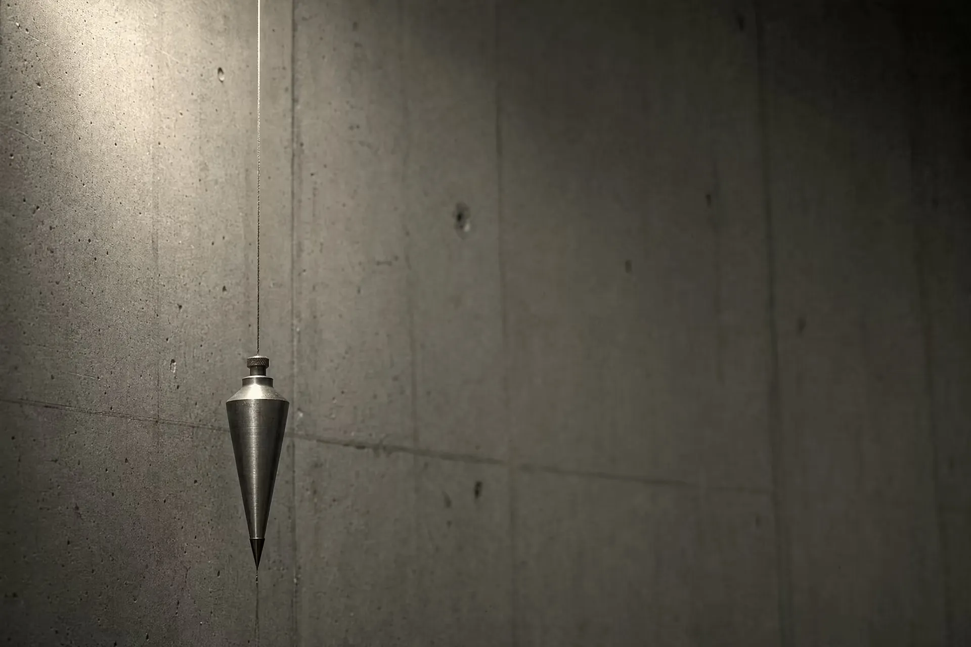 A machined plumb bob hanging on a taut line against a plain concrete wall in warm-tone monochrome, the tip marking true vertical under grazing light.