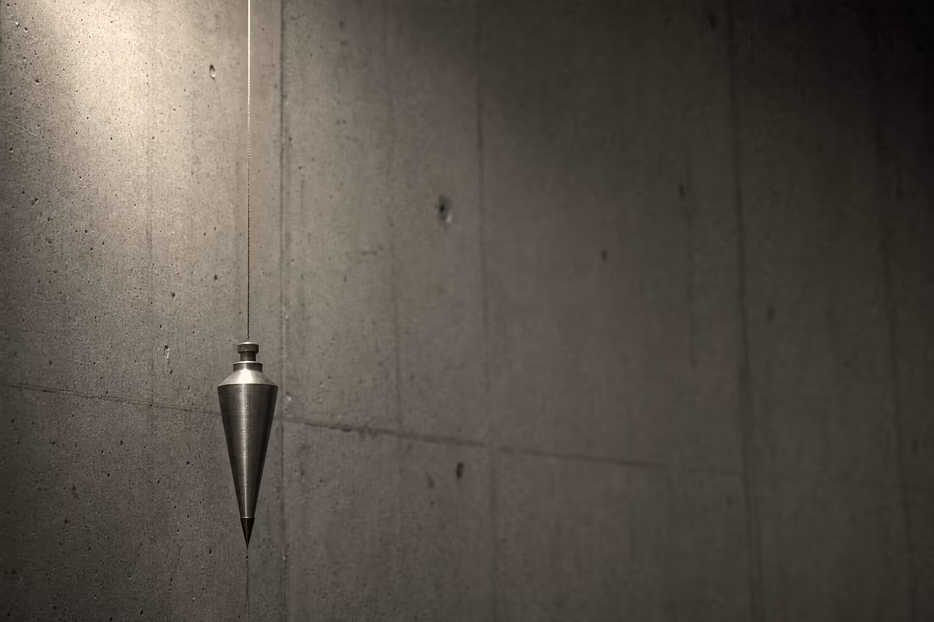 A machined plumb bob hanging on a taut line against a plain concrete wall in warm-tone monochrome, the tip marking true vertical under grazing light.