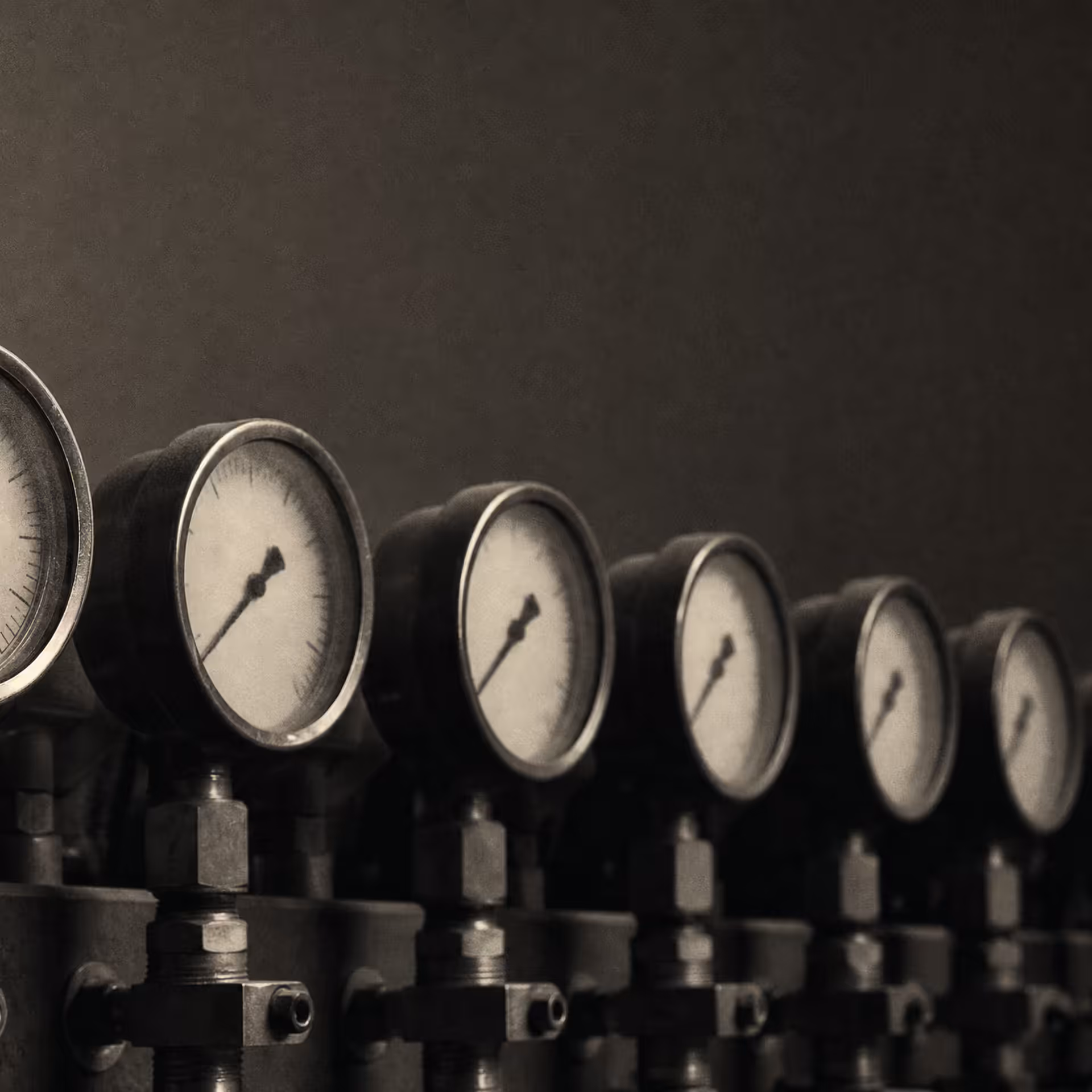 A row of round analog pressure dials on an industrial steel manifold in warm-tone monochrome, the gauge faces receding under grazing light with their markings left unreadable.