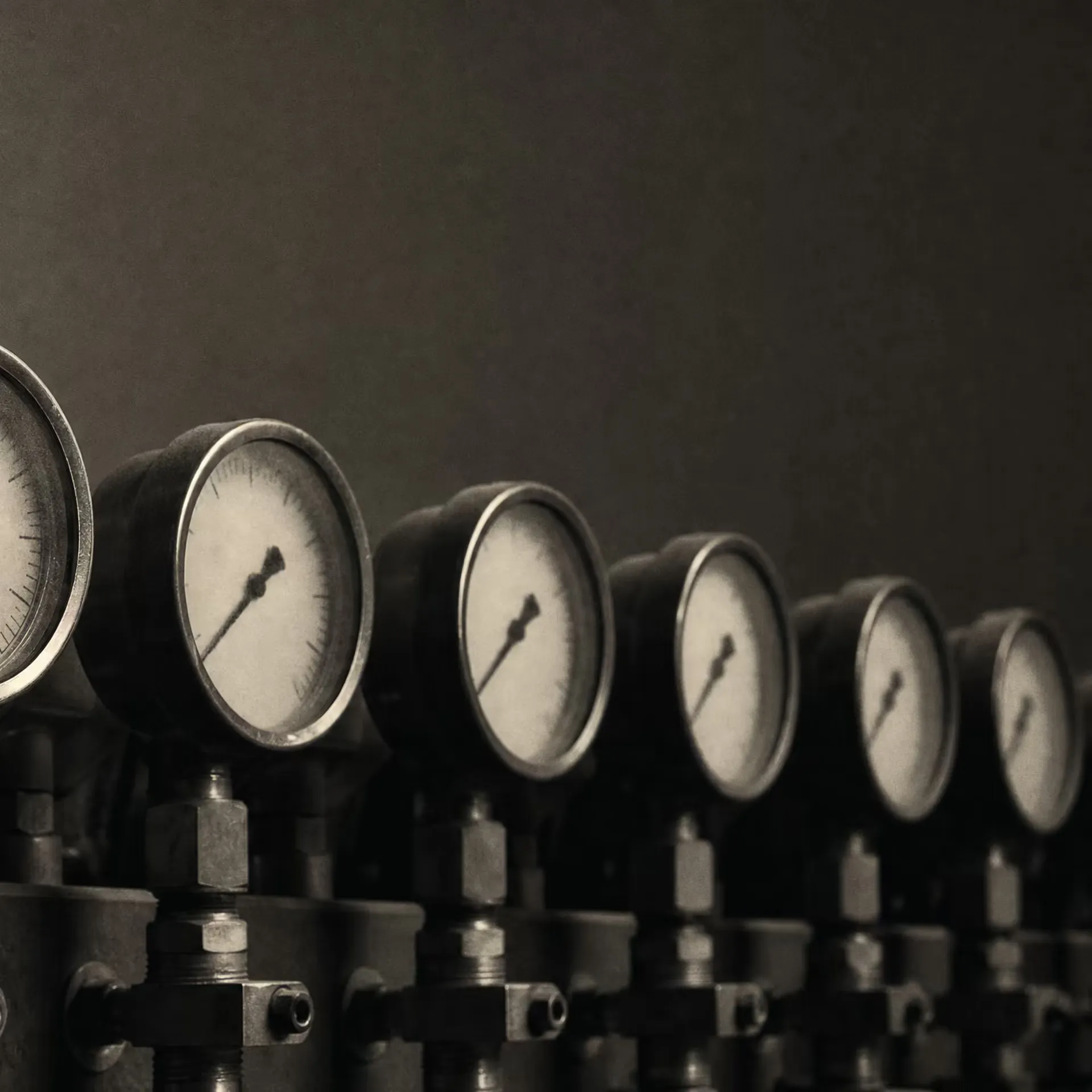 A row of round analog pressure dials on an industrial steel manifold in warm-tone monochrome, the gauge faces receding under grazing light with their markings left unreadable.