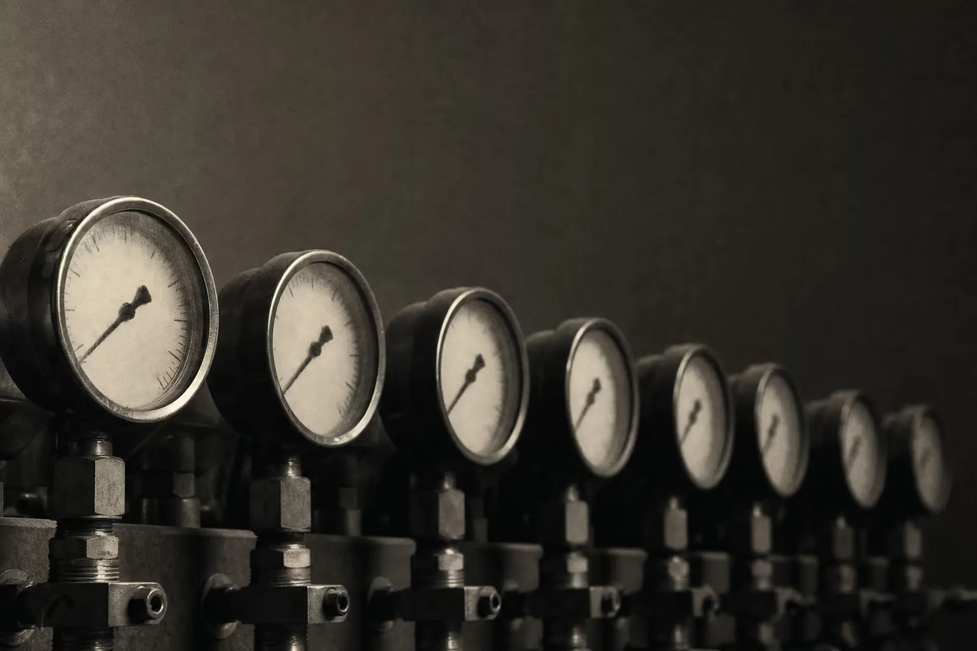 A row of round analog pressure dials on an industrial steel manifold in warm-tone monochrome, the gauge faces receding under grazing light with their markings left unreadable.