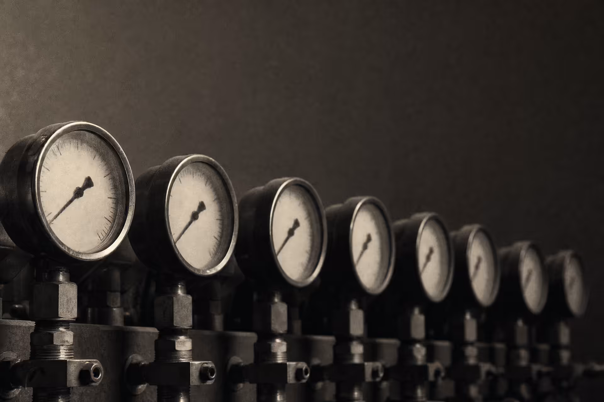 A row of round analog pressure dials on an industrial steel manifold in warm-tone monochrome, the gauge faces receding under grazing light with their markings left unreadable.