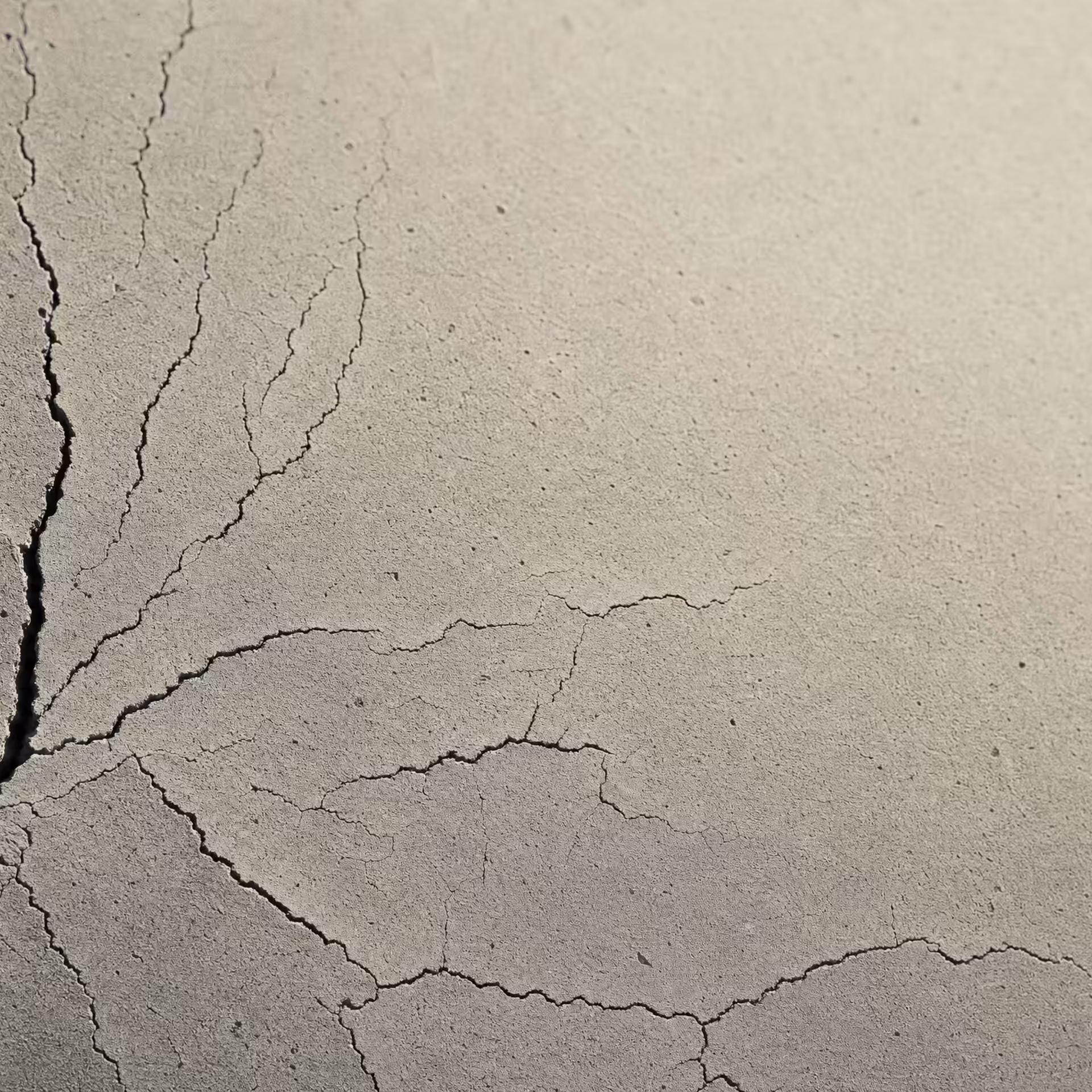 Fine fatigue cracks branching from a single point across a concrete surface in warm-tone monochrome, the fissures thrown into relief by grazing light.
