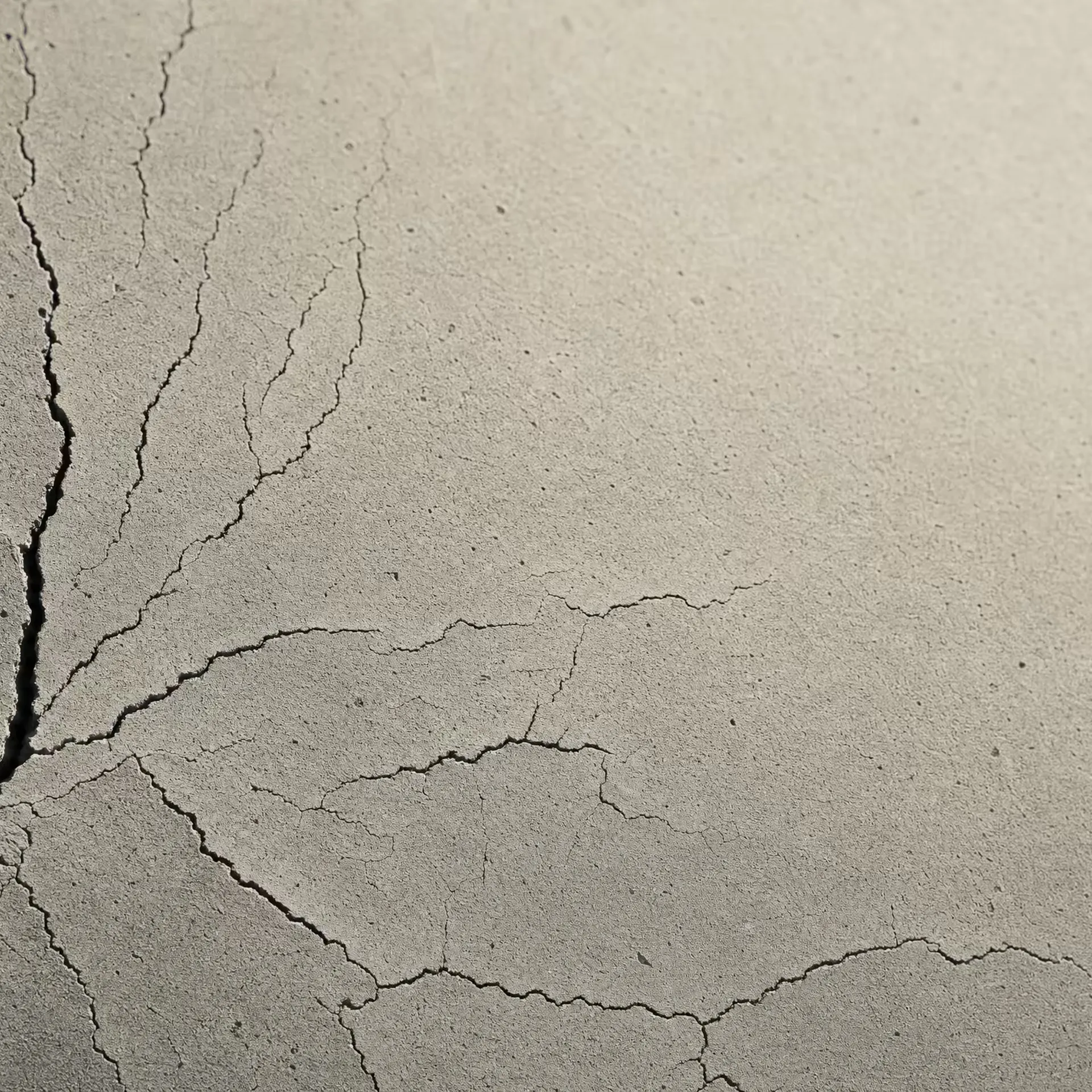 Fine fatigue cracks branching from a single point across a concrete surface in warm-tone monochrome, the fissures thrown into relief by grazing light.