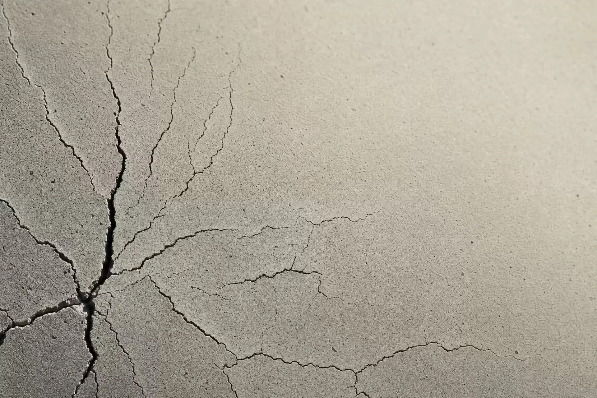 Fine fatigue cracks branching from a single point across a concrete surface in warm-tone monochrome, the fissures thrown into relief by grazing light.