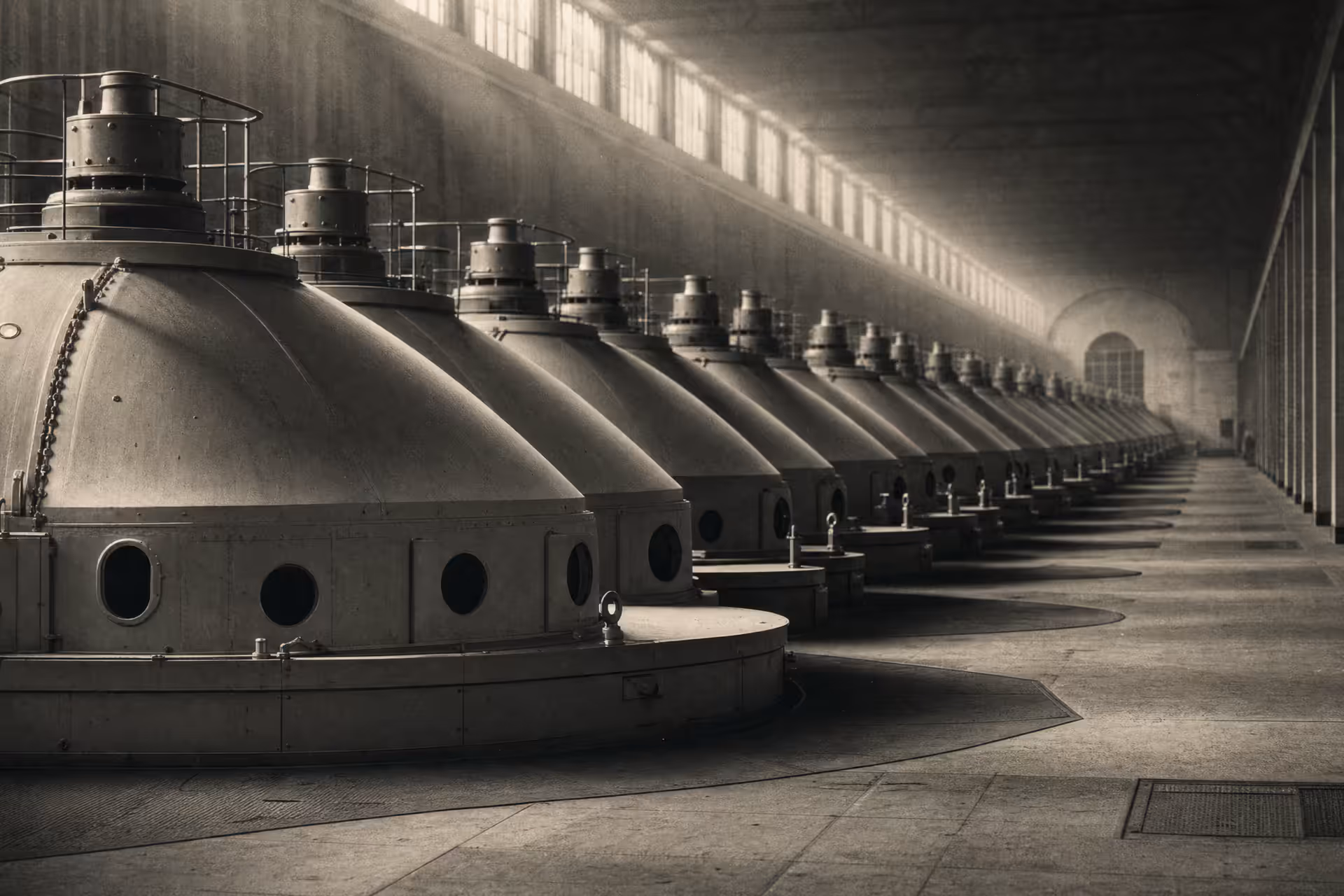 A long row of generator casings receding down a power-station turbine hall under high side light, black and white.