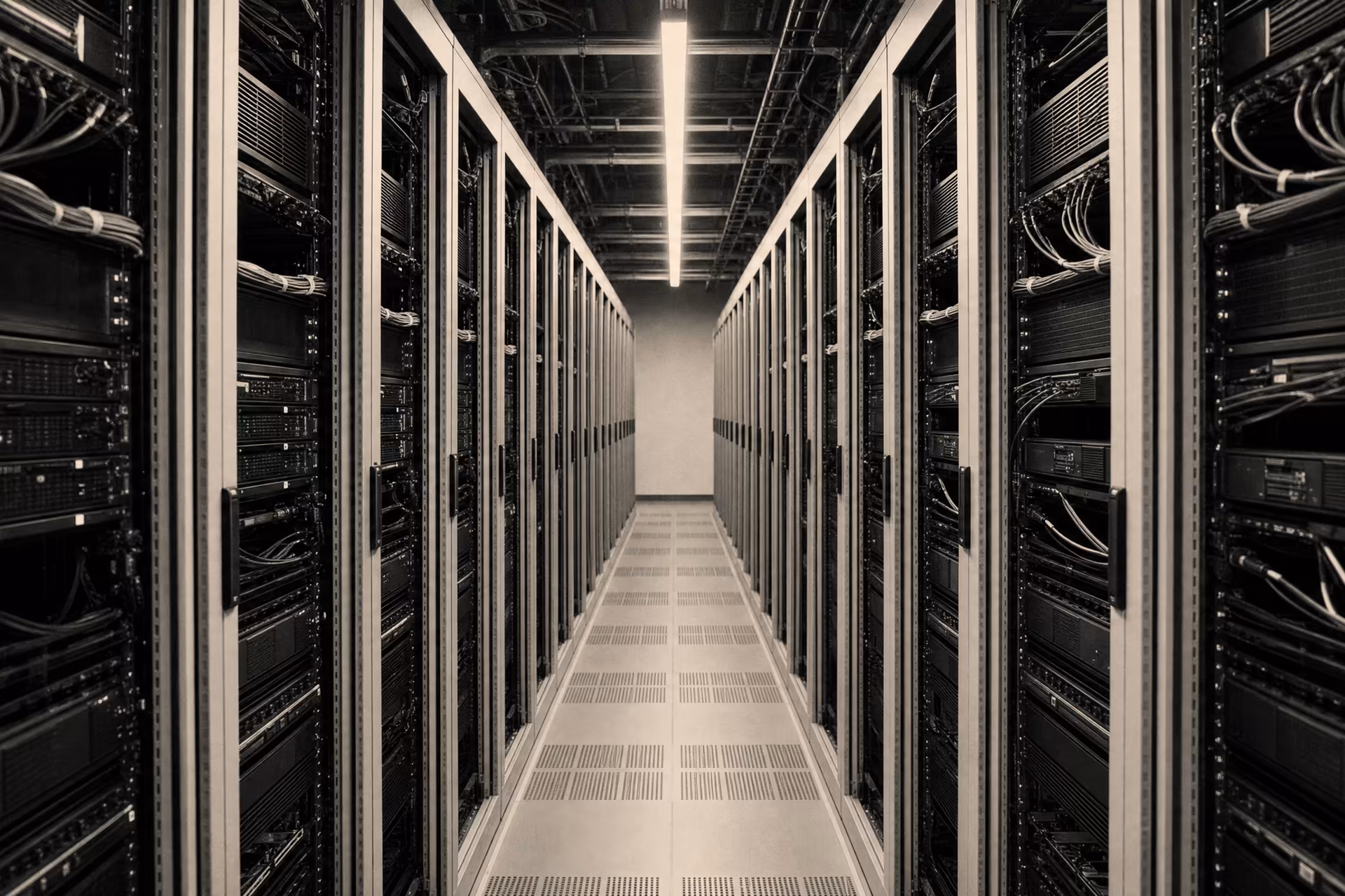 A data-center aisle, two facing rows of server cabinets receding down the corridor, warm-tone monochrome.
