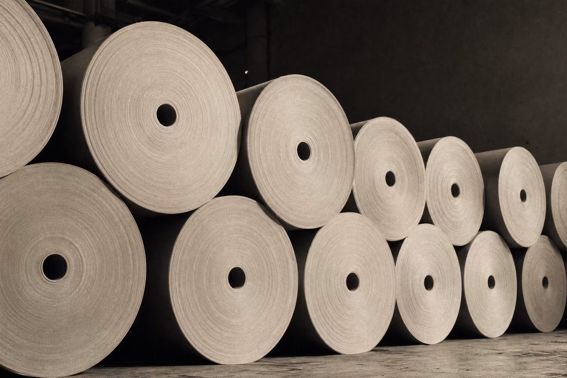 Giant newsprint paper rolls stacked on end in a press-hall bay, their circular faces forming a repeating geometry in warm-tone monochrome.