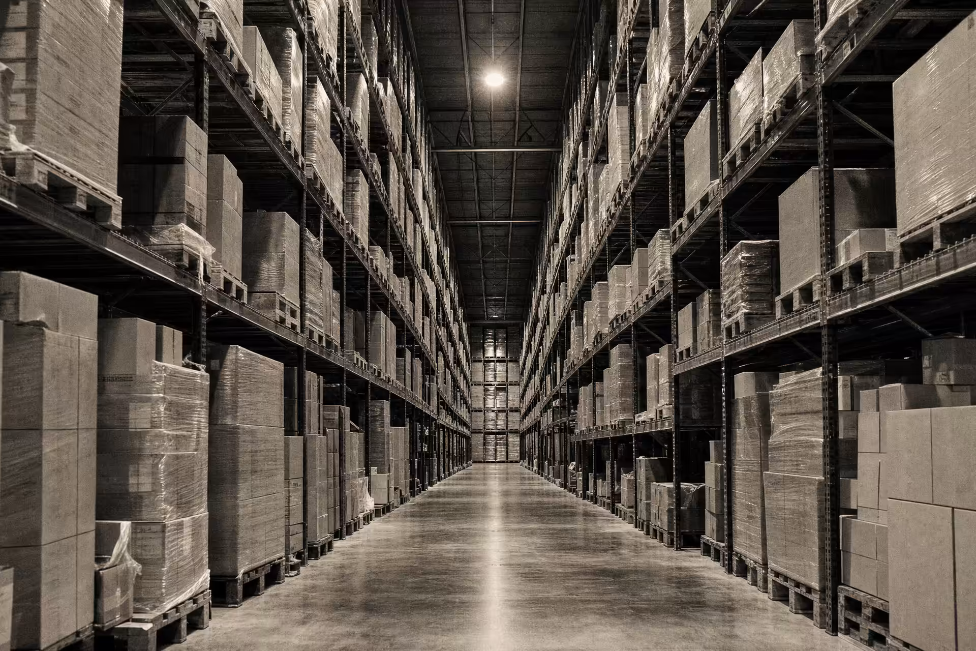 A stocked logistics warehouse, tall pallet racking receding down a long aisle, warm-tone monochrome.